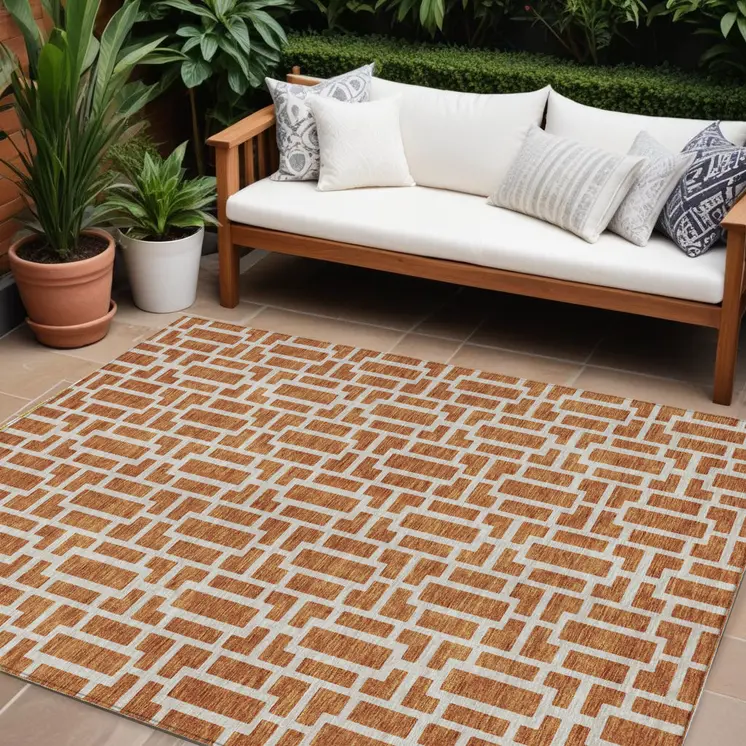 8' X 10' Terra Cotta And Beige Geometric Washable Indoor Outdoor Area Rug