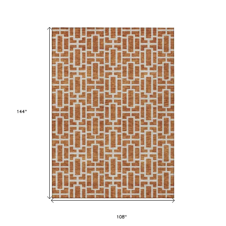 9' X 12' Terra Cotta And Beige Geometric Washable Indoor Outdoor Area Rug