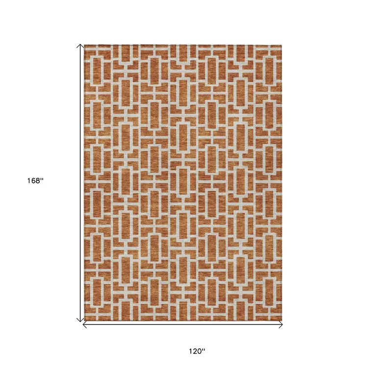10' X 14' Terra Cotta And Beige Geometric Washable Indoor Outdoor Area Rug