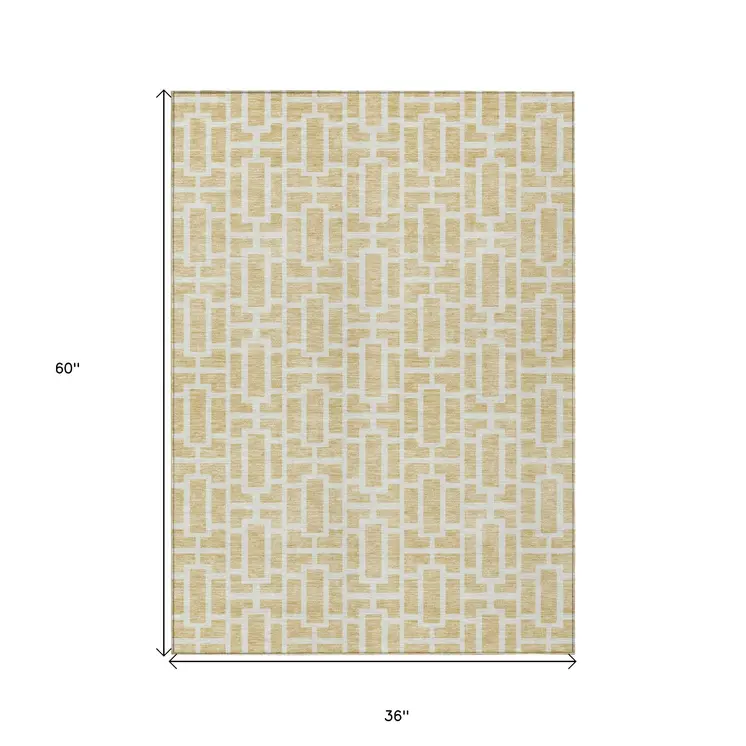 3' X 5' Wheat And Ivory Geometric Washable Indoor Outdoor Area Rug
