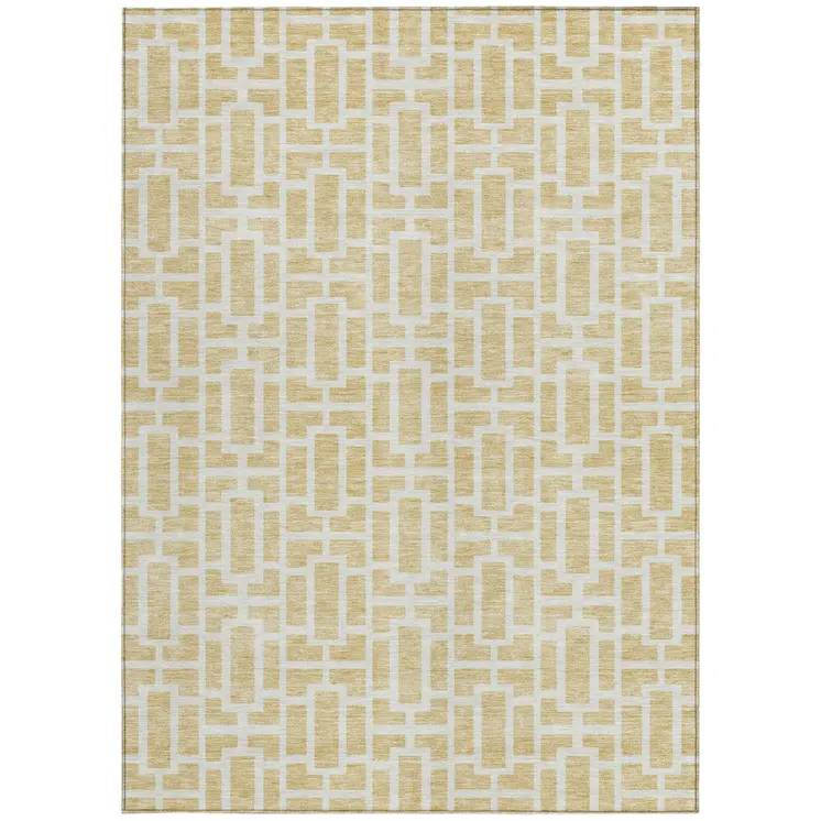 5' X 8' Wheat And Ivory Geometric Washable Indoor Outdoor Area Rug