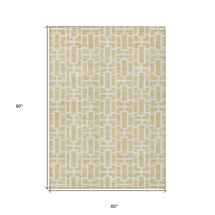 5' X 8' Wheat And Ivory Geometric Washable Indoor Outdoor Area Rug