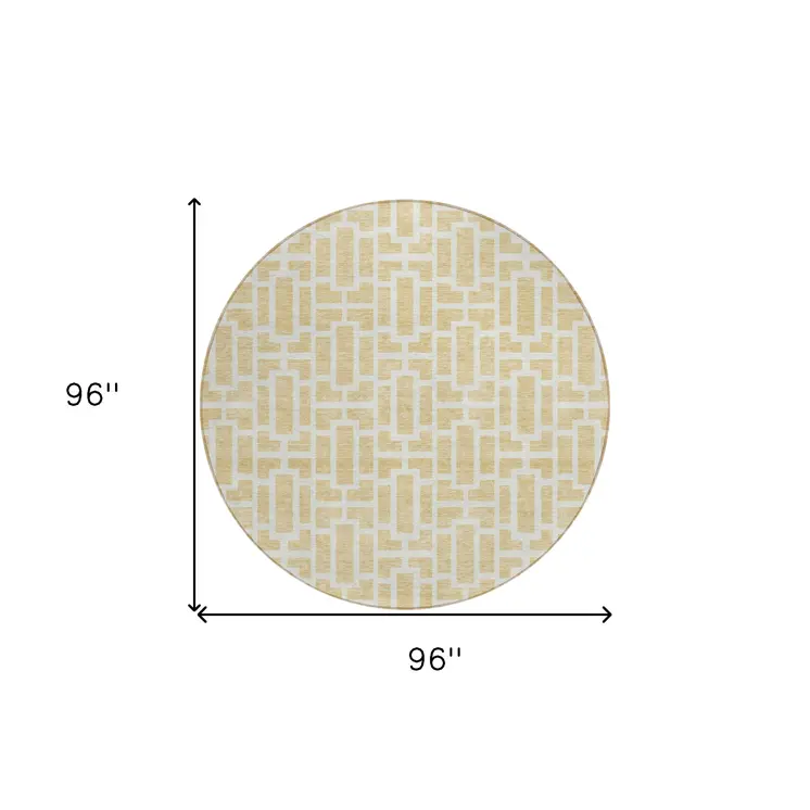 8' Wheat And Ivory Round Geometric Washable Indoor Outdoor Area Rug
