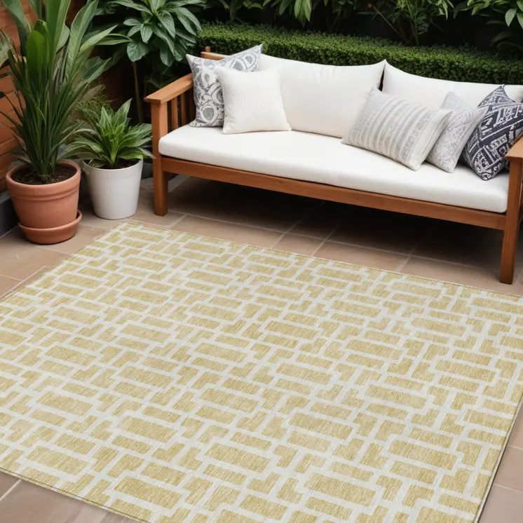10' X 14' Wheat And Ivory Geometric Washable Indoor Outdoor Area Rug