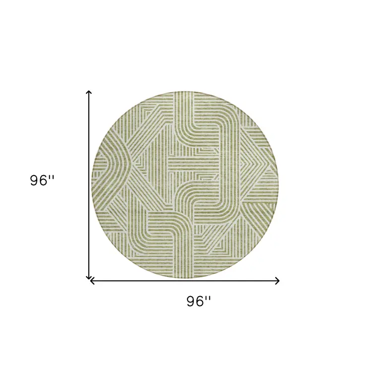 8' Artichoke Green And Ivory Round Abstract Washable Indoor Outdoor Area Rug