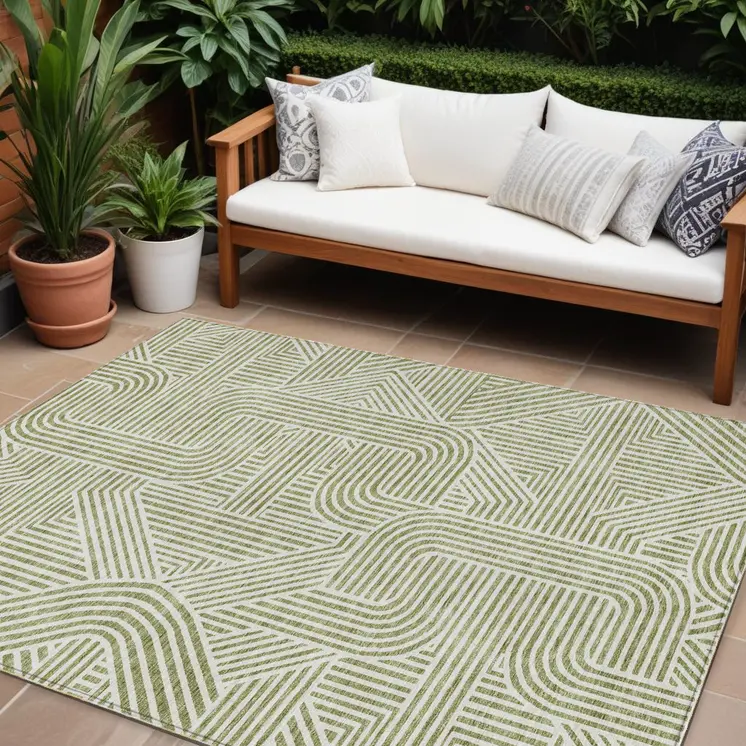 10' X 14' Artichoke Green And Ivory Abstract Washable Indoor Outdoor Area Rug