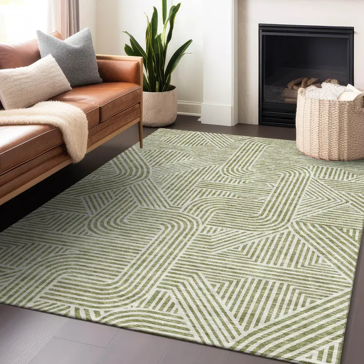 10' X 14' Artichoke Green And Ivory Abstract Washable Indoor Outdoor Area Rug