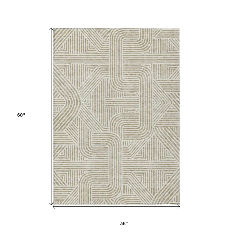 3' X 5' Beige And Brown Abstract Washable Indoor Outdoor Area Rug