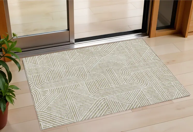 3' X 5' Beige And Brown Abstract Washable Indoor Outdoor Area Rug
