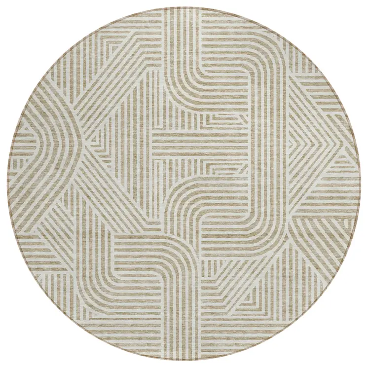 8' Beige And Brown Round Abstract Washable Indoor Outdoor Area Rug