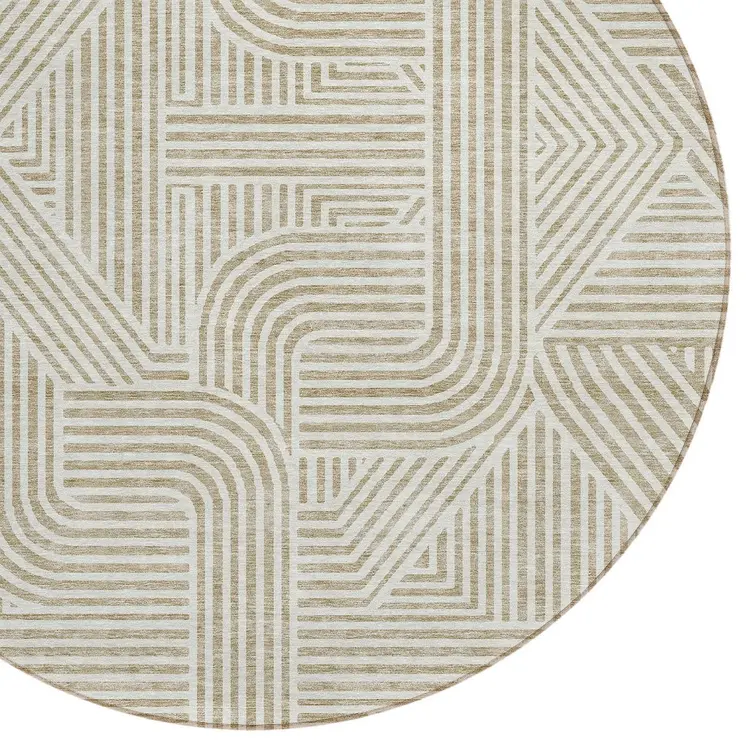 8' Beige And Brown Round Abstract Washable Indoor Outdoor Area Rug