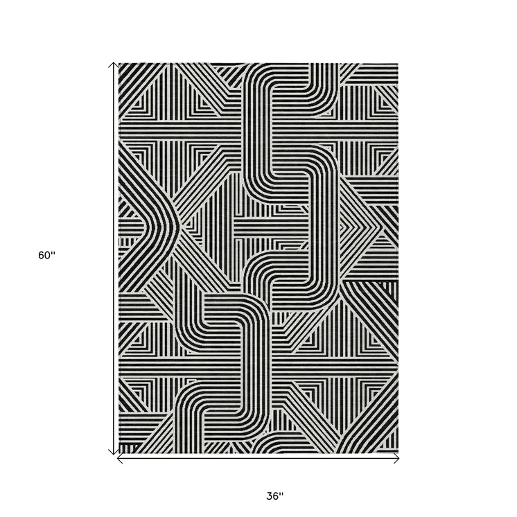 3' X 5' Black And Ivory Abstract Washable Indoor Outdoor Area Rug