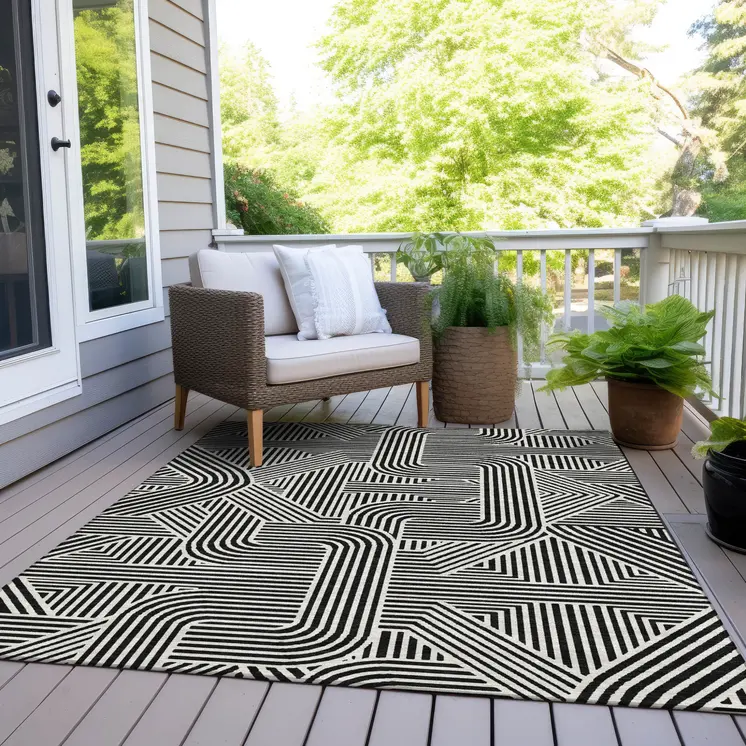 3' X 5' Black And Ivory Abstract Washable Indoor Outdoor Area Rug
