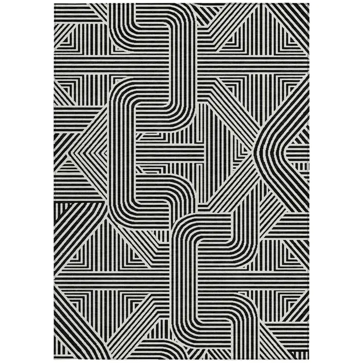 8' X 10' Black And Ivory Abstract Washable Indoor Outdoor Area Rug