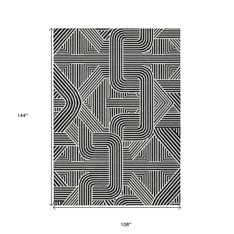 9' X 12' Black And Ivory Abstract Washable Indoor Outdoor Area Rug