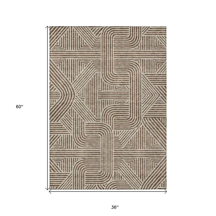 3' X 5' Brown And Beige Abstract Washable Indoor Outdoor Area Rug