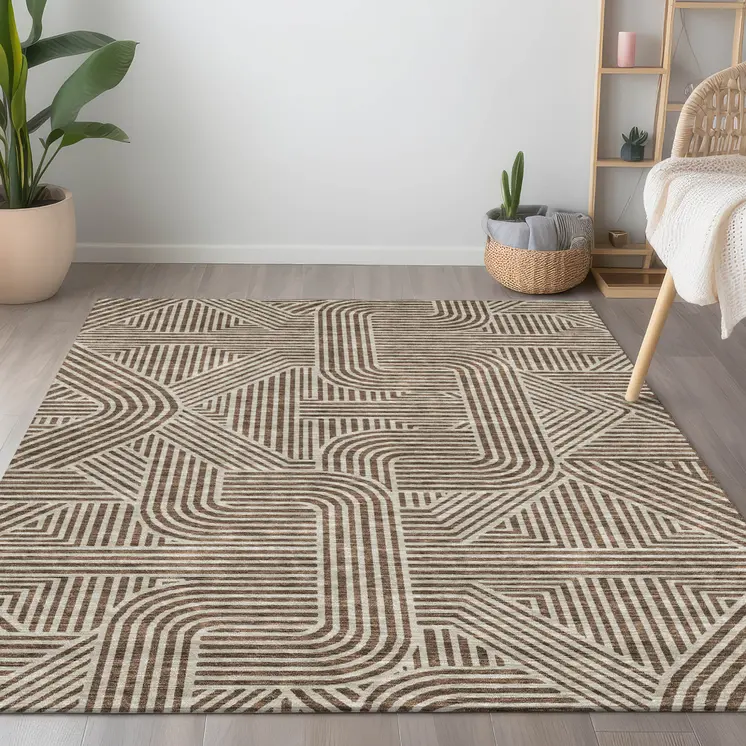 5' X 8' Brown And Beige Abstract Washable Indoor Outdoor Area Rug
