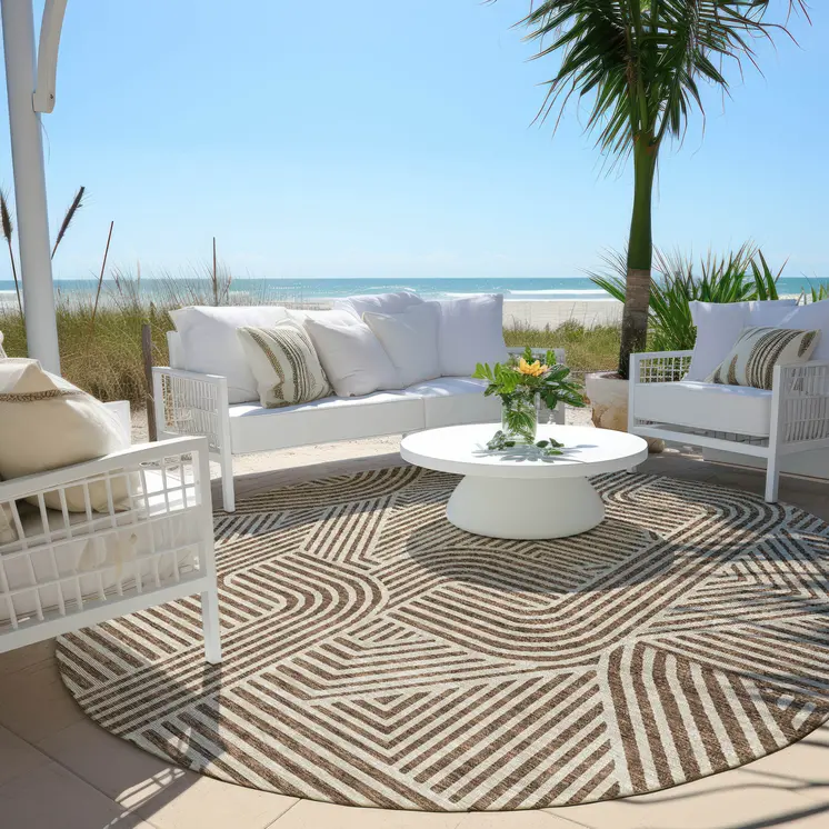 8' Brown And Beige Round Abstract Washable Indoor Outdoor Area Rug