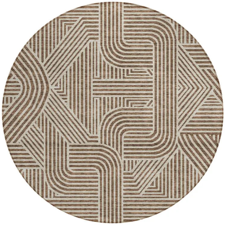 8' Brown And Beige Round Abstract Washable Indoor Outdoor Area Rug