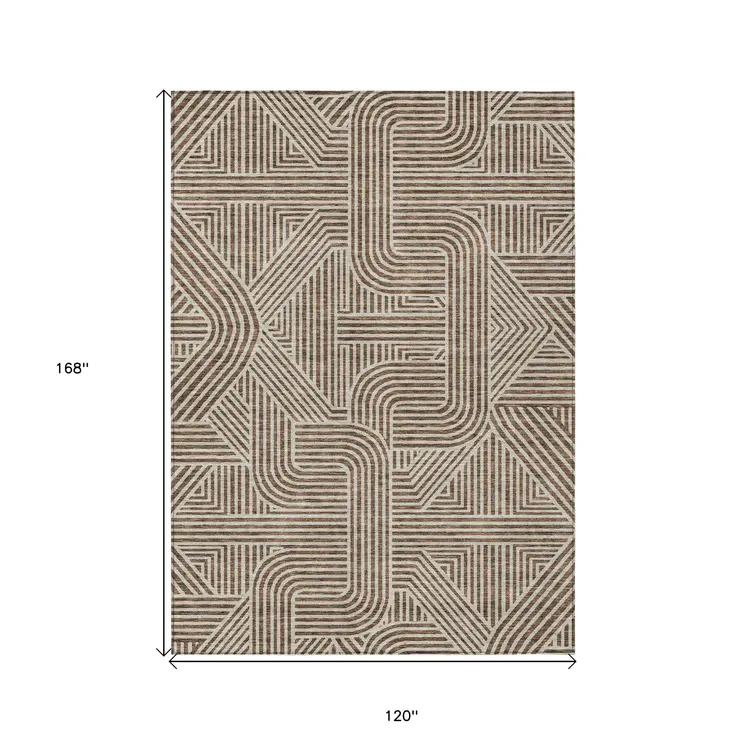 10' X 14' Brown And Beige Abstract Washable Indoor Outdoor Area Rug