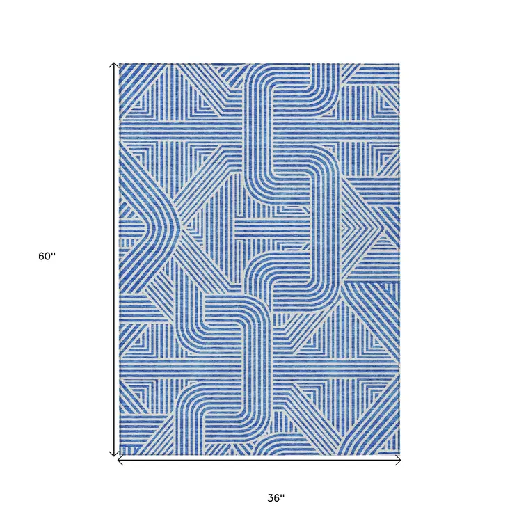 3' X 5' Blue And Ivory Abstract Washable Indoor Outdoor Area Rug