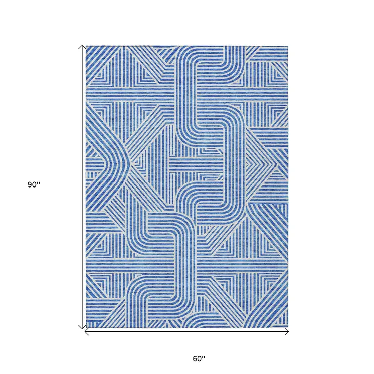 5' X 8' Blue And Ivory Abstract Washable Indoor Outdoor Area Rug