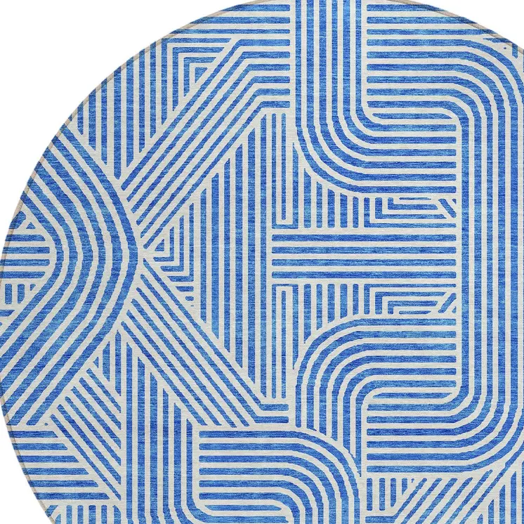 8' Blue And Ivory Round Abstract Washable Indoor Outdoor Area Rug