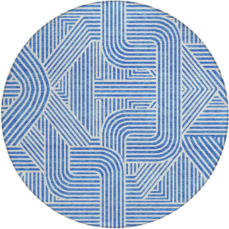 8' Blue And Ivory Round Abstract Washable Indoor Outdoor Area Rug