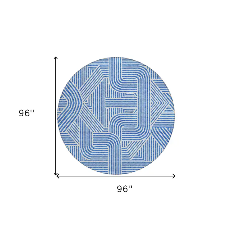 8' Blue And Ivory Round Abstract Washable Indoor Outdoor Area Rug