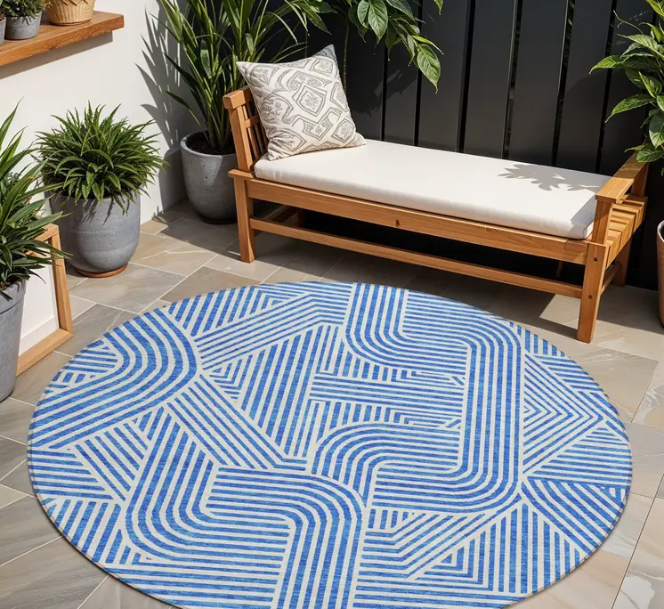 8' Blue And Ivory Round Abstract Washable Indoor Outdoor Area Rug