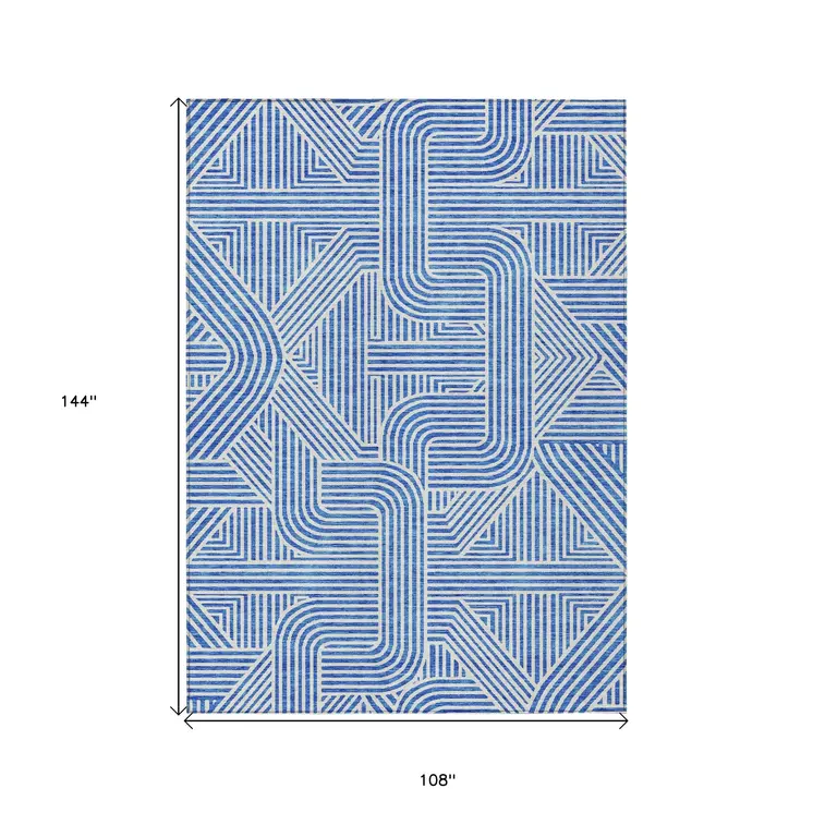 9' X 12' Blue And Ivory Abstract Washable Indoor Outdoor Area Rug