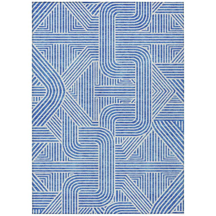 9' X 12' Blue And Ivory Abstract Washable Indoor Outdoor Area Rug