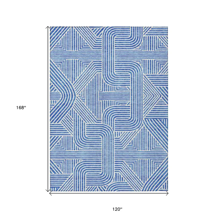 10' X 14' Blue And Ivory Abstract Washable Indoor Outdoor Area Rug