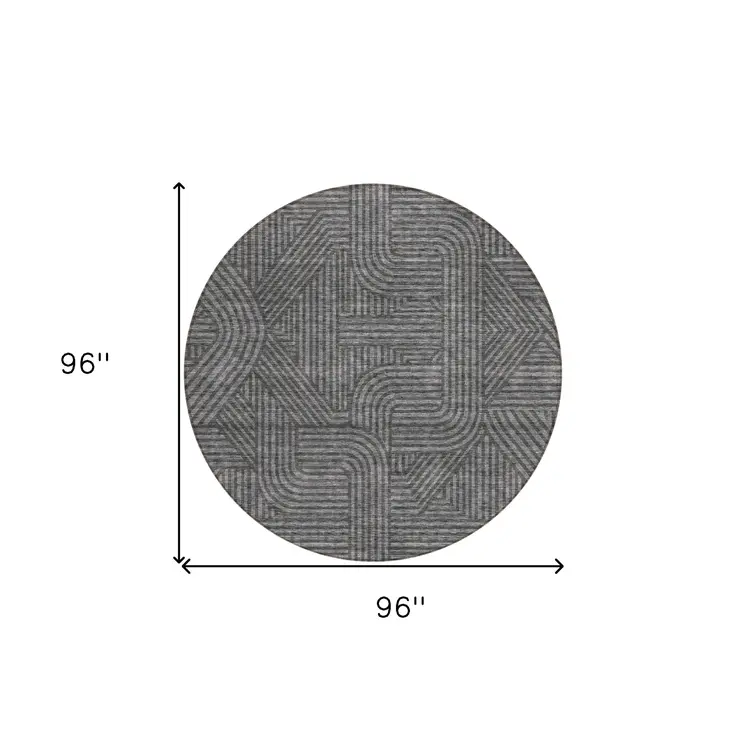 8' Charcoal And Gray Round Abstract Washable Indoor Outdoor Area Rug
