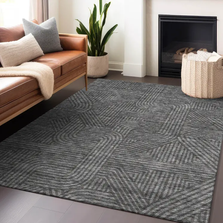 10' X 14' Charcoal And Gray Abstract Washable Indoor Outdoor Area Rug