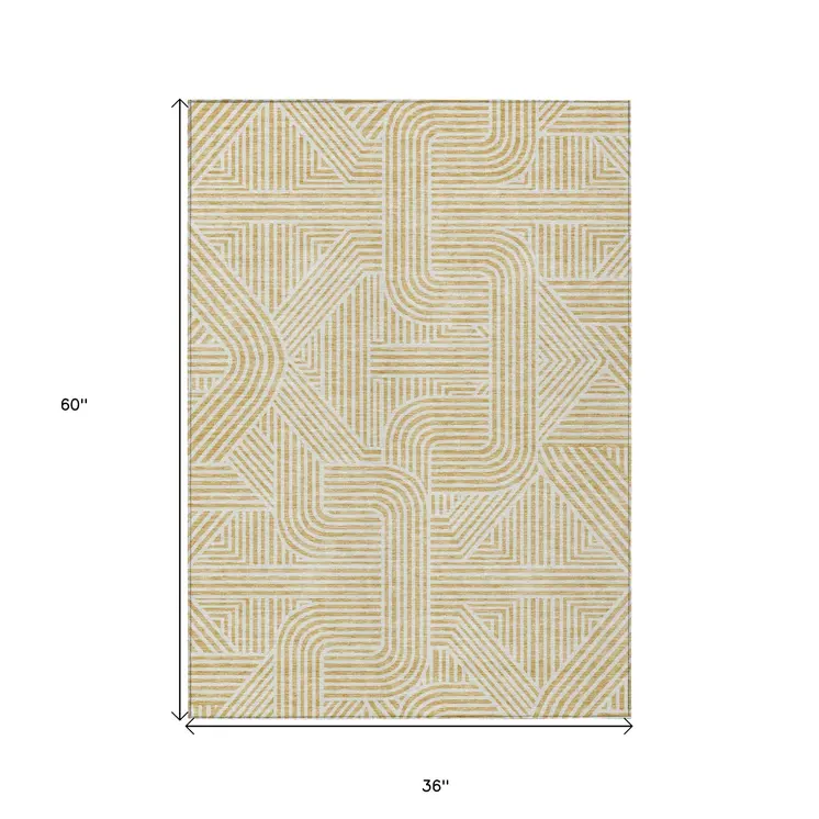 3' X 5' Gold And Beige Abstract Washable Indoor Outdoor Area Rug