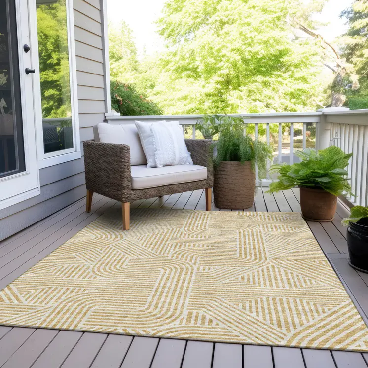 5' X 8' Gold And Beige Abstract Washable Indoor Outdoor Area Rug