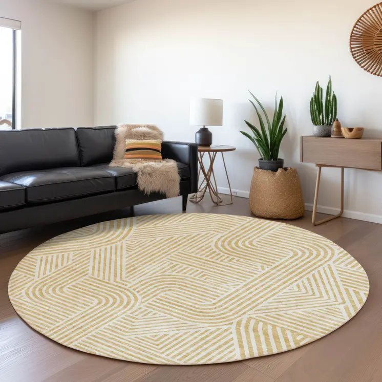 8' Gold And Beige Round Abstract Washable Indoor Outdoor Area Rug