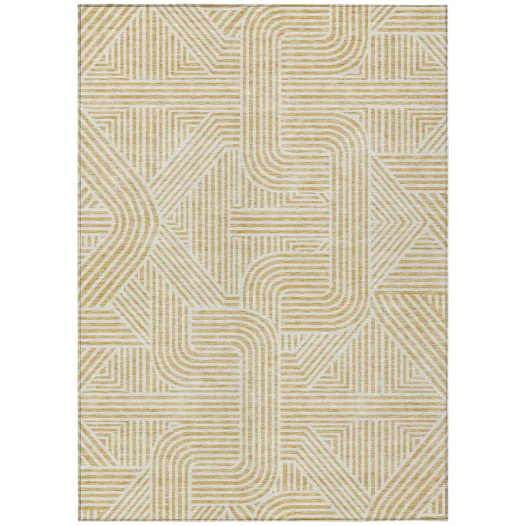 8' X 10' Gold And Beige Abstract Washable Indoor Outdoor Area Rug