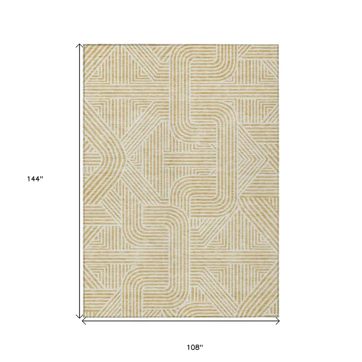 9' X 12' Gold And Beige Abstract Washable Indoor Outdoor Area Rug