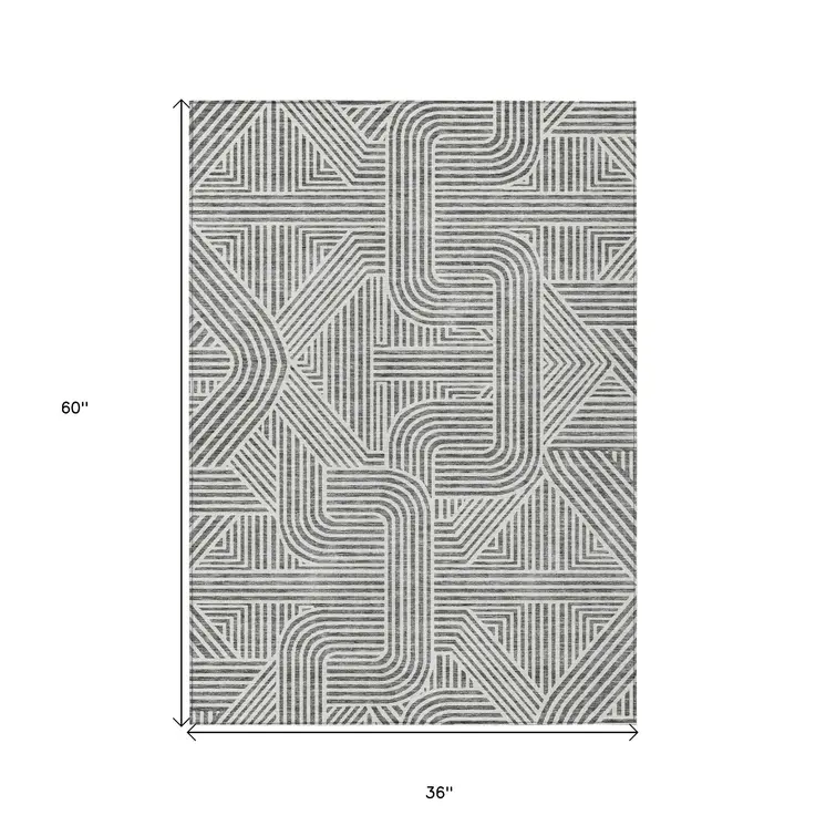 3' X 5' Gray And Ivory Abstract Washable Indoor Outdoor Area Rug