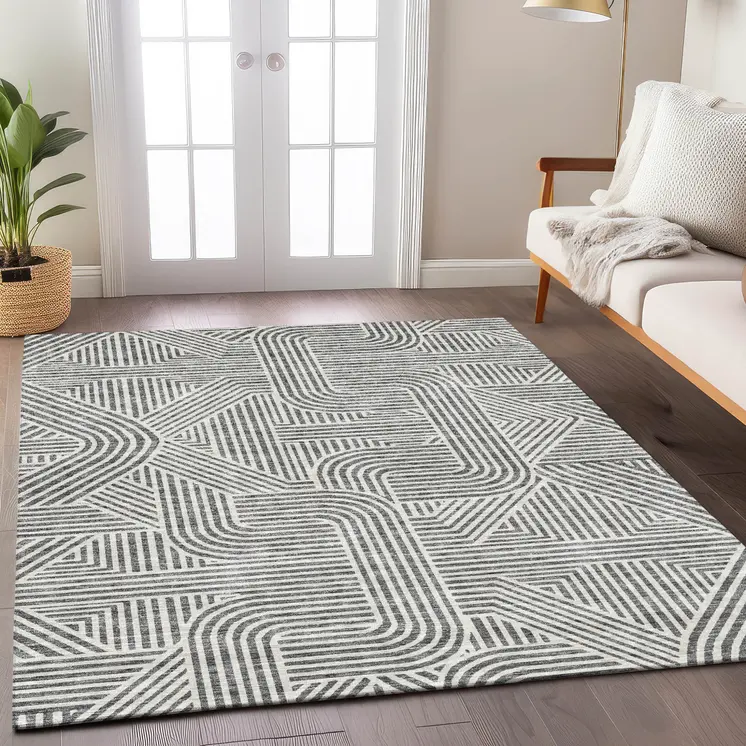 3' X 5' Gray And Ivory Abstract Washable Indoor Outdoor Area Rug