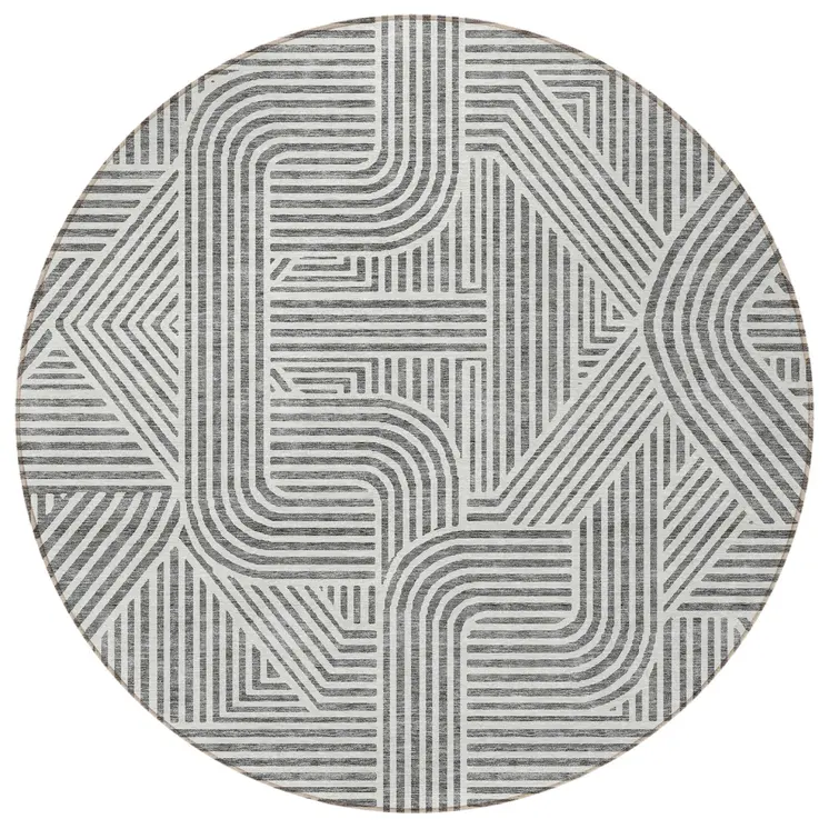 8' Gray And Ivory Round Abstract Washable Indoor Outdoor Area Rug