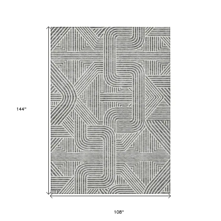 9' X 12' Gray And Ivory Abstract Washable Indoor Outdoor Area Rug