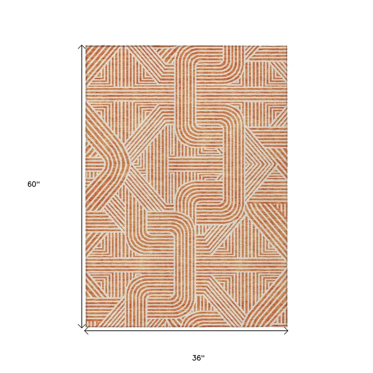 3' X 5' Orange And Ivory Abstract Washable Indoor Outdoor Area Rug