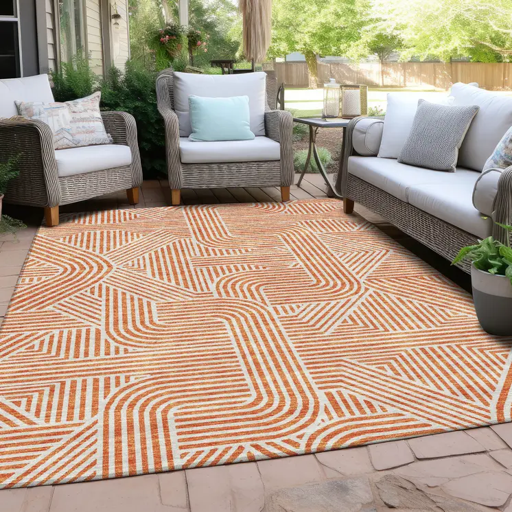 3' X 5' Orange And Ivory Abstract Washable Indoor Outdoor Area Rug