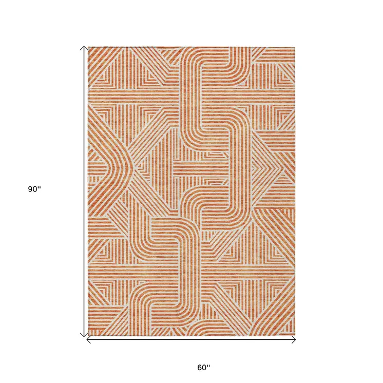 5' X 8' Orange And Ivory Abstract Washable Indoor Outdoor Area Rug