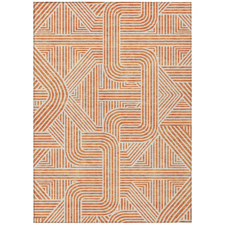 5' X 8' Orange And Ivory Abstract Washable Indoor Outdoor Area Rug