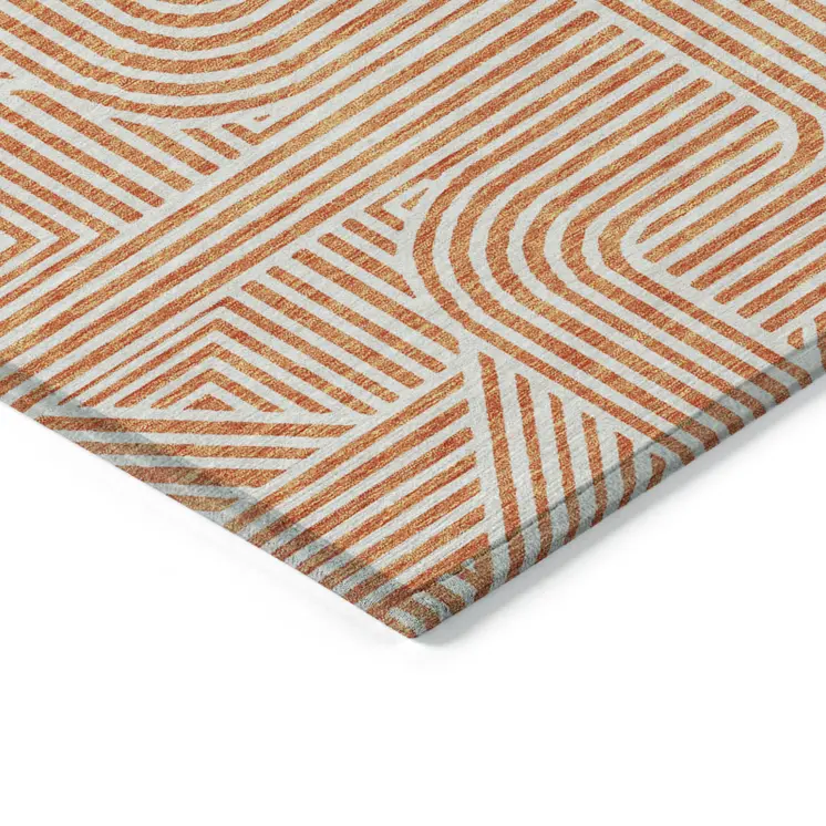 9' X 12' Orange And Ivory Abstract Washable Indoor Outdoor Area Rug