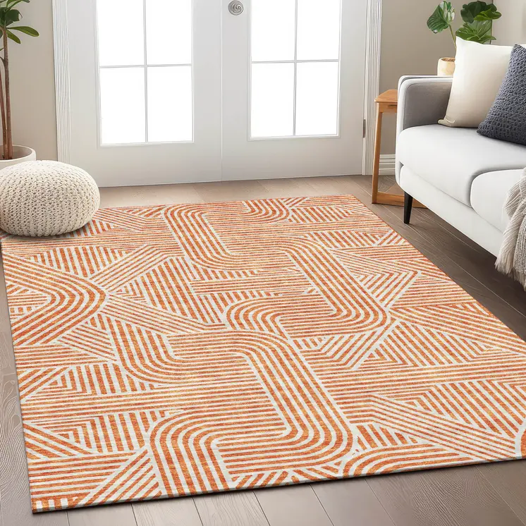 9' X 12' Orange And Ivory Abstract Washable Indoor Outdoor Area Rug
